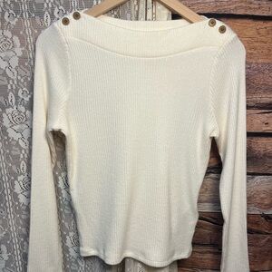 Madewell Cream Boatneck Ribbed Knit Top with Button Detail on Shoulders